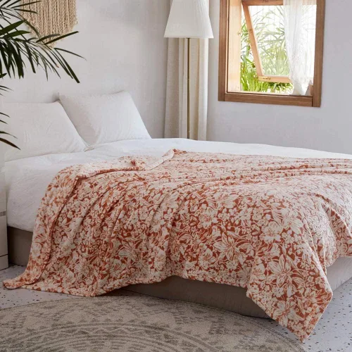 Miniatura 3 de Manta FY Fiber House, franela de lana con estampado de flores 3D Naranja