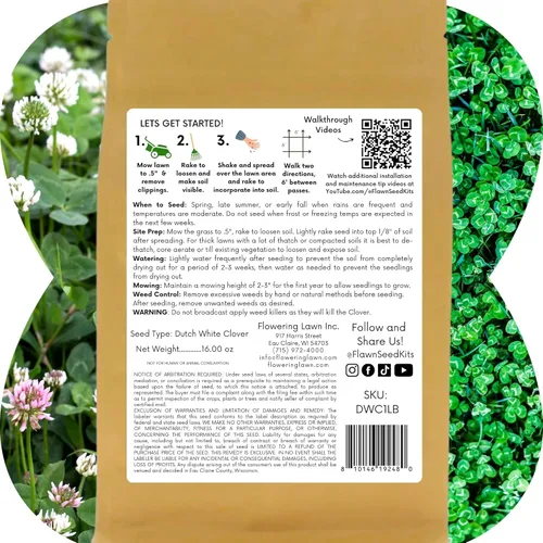 Miniatura 9 de Flawn Seed Kits Semilla de trébol holandés blanco, 1 libra, revestimiento orgánico, césped natural, cubierta del suelo, parcela de alimentos