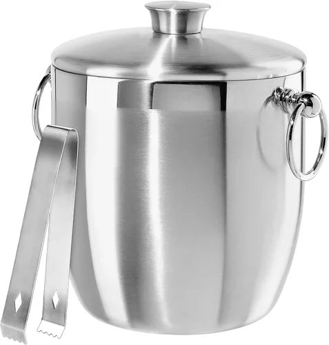 OGGI Cubo de hielo de acero inoxidable de doble pared, cubo de hielo aislado con elegante tapa de acero, asas clásicas y pinzas de hielo de acero