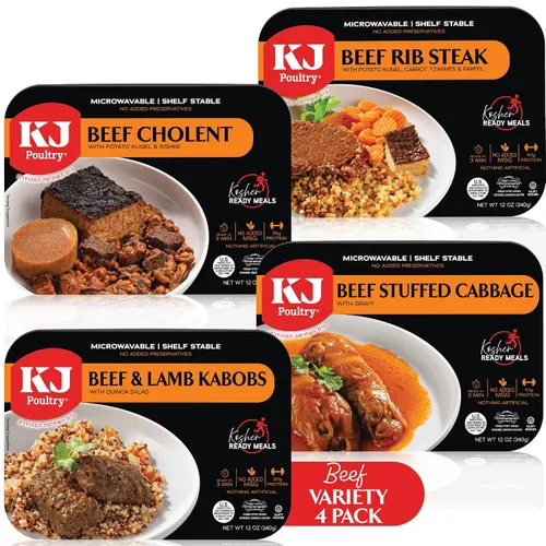 KJ Poultry Kosher Ready Meals – Variedad de carne de res (4 unidades) preparada Entree totalmente cocida, estable en el microondas, cena, viajes,