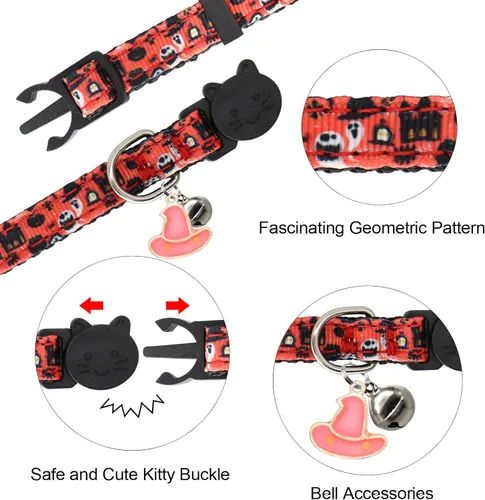 Miniatura 3 de Collar de Gato de Halloween, Juego de 2 Collares Separables para Gato con Campanas, Adorno de Fantasma de Calabaza y Murciélagos Halloween