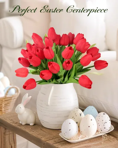 Miniatura 8 de MACTING - 30 flores artificiales de tulipán, tulipanes falsos de tacto real, flores artificiales de primavera, tulipanes de imitación para arreglos