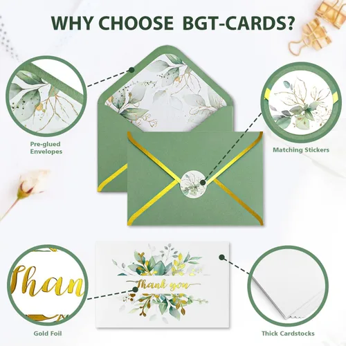 Miniatura 3 de Lujosas tarjetas de agradecimiento doradas con sobres, paquete de 32 tarjetas de eucalipto en blanco para todas las ocasiones, notas