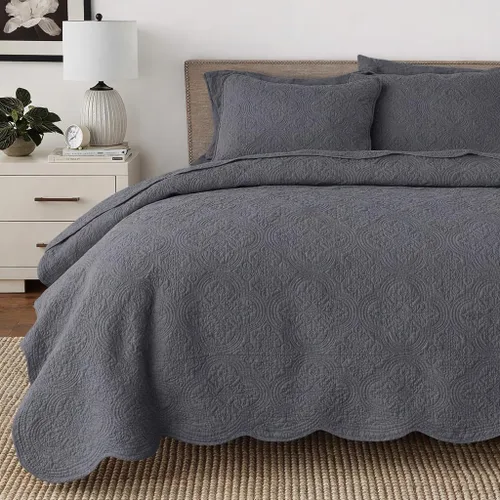 Miniatura 21 de Cozy Line Home Fashions - Juego de edredón de cama de algodón 100% Victoriano con medallón sólido blanco, matelassé, grabado, reversible, ligero