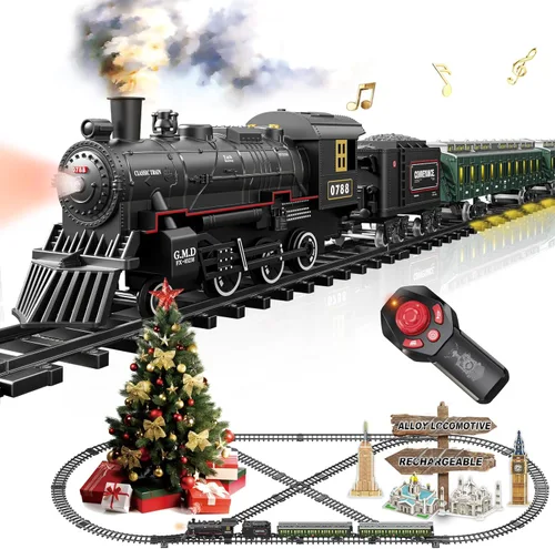 Miniatura 11 de Juego de tren para niños con control remoto, juguetes de tren con locomotora de vapor, tanque de combustible y pistas de lujo, trenes eléctricos