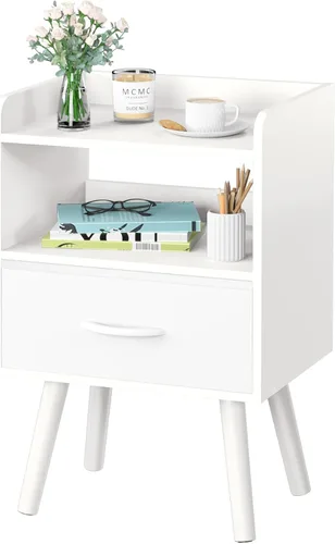 Yoobure - Mesita de noche moderna con cajón, mesas de cabecera, mesitas de noche de mediados de siglo con estante de almacenamiento abierto, mesa de