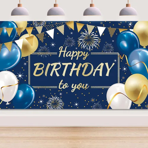 Cartel de fondo de decoración de feliz cumpleaños, fondo de fotos para niños, niñas, hombres y mujeres, 72.8 x 43.3 pulgadas (azul marino y dorado)