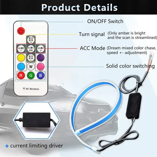 Miniatura 2 de 2 tiras de luces LED para automóvil, tubo de tira de superficie de faros DRL multicolor, luz de circulación diurna para capó exterior, señal de giro
