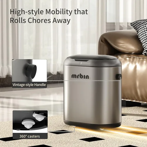 Miniatura 5 de MRBIN Cubo de basura de metal de absorción automática para baño, cubo de basura sin contacto con tapa, bote de basura delgado de 3.2 galones