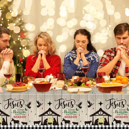 Miniatura 5 de WovWeave Mantel de Navidad de 3 piezas, mantel de Navidad con texto en inglés "Merry Christmas", mantel rectangular de plástico con diseño de Jesús