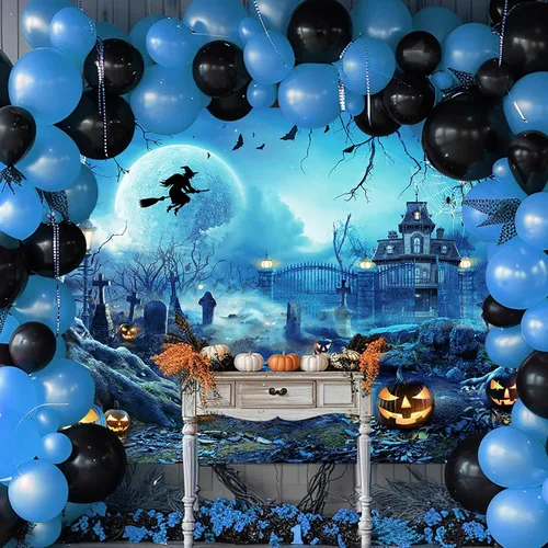 Miniatura 3 de Avezano Telón de fondo para fotografía de Halloween, luna llena, noche aterradora, castillo, calabazas, fondo de fiesta, espeluznante, bruja, Azul