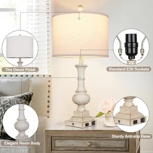 Miniatura 4 de 26" Farmhouse Table Lamp, Vintage Rustic Touch Control Bedside Lamp with 2 USB Ports & AC Outlet, Boho Resin 3-Way Dimmable Nightstand Lamp Linen