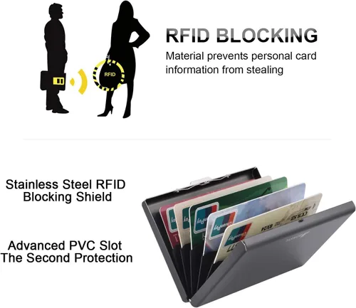 Miniatura 127 de BONSYL® Soporte para tarjetas de crédito, cartera delgada de metal con bloqueo RFID, con 6 ranuras para tarjetas, para mujeres y hombres.