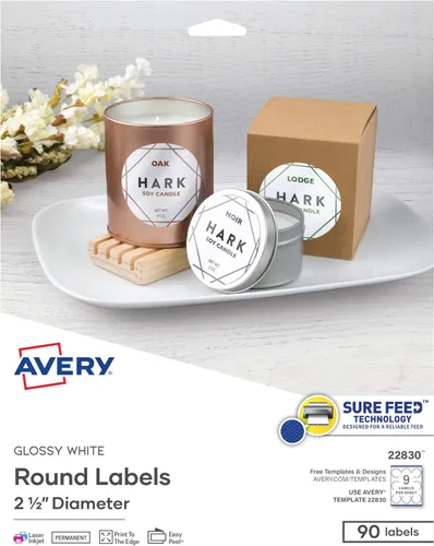 Avery Etiquetas redondas imprimibles con Sure Feed, 2.5" de diámetro, blanco brillante, 90 etiquetas personalizables (22830)