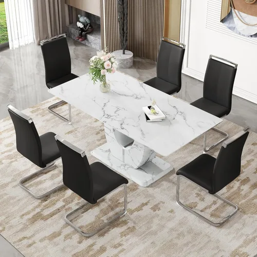 Miniatura 45 de Juego de 6 sillas de mesa de comedor para 6, juego de 6, moderno juego de comedor con mesa de comedor de mármol de 63 pulgadas, sillas tapizadas