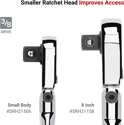 Miniatura 3 de TEKTON Trinquete de transmisión de 3/8 pulgadas x 6 pulgadas con cabezal flexible de liberación no rápida de cuerpo pequeño SRH21506