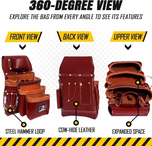 Miniatura 4 de Bolsa de herramientas de cuero AP LEATHER Pro-015 para construcción, resistente, con soporte para martillo, hebilla, 3 bolsillos grandes con Granate