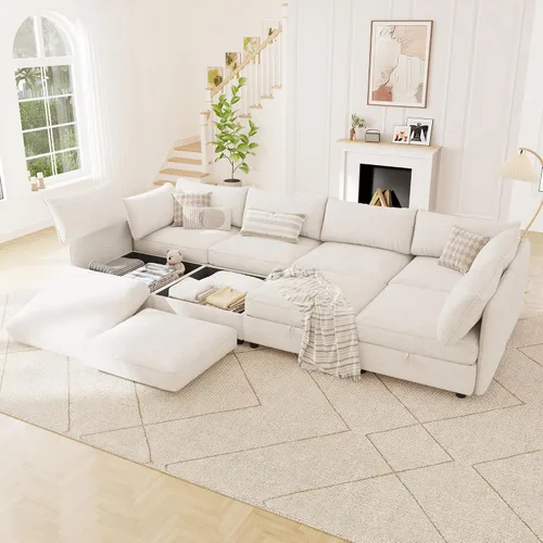 Miniatura 10 de 95.5" Sofá seccional modular de chenilla con almacenamiento oculto, sofá cama convertible en forma de L y U, sofá seccional moderno de 6 plazas