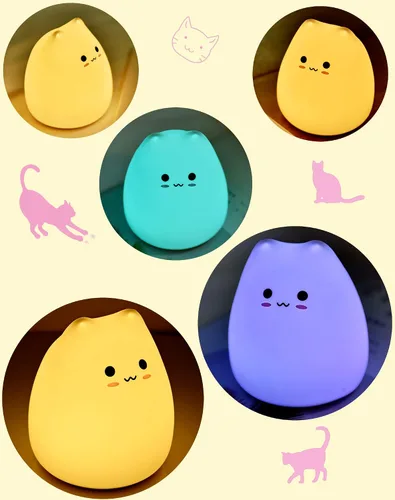Miniatura 7 de Luz nocturna LED para gatos, luz nocturna alimentada por pilas para niños, bonita lámpara multicolor de silicona con blanco cálido y modo