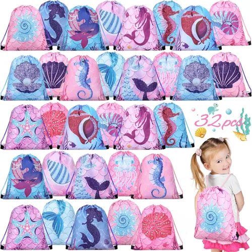 Sweetude 32 mochilas con cordón de sirena, bolsas de recuerdo de fiesta de sirena, regalos de dulces, bolsas de regalo de sirena de mar, bolsas de
