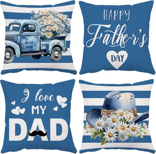 Juego de 4 fundas de almohada para el Día del Padre de 14 x 14 pulgadas, fundas de almohada de terciopelo azul con texto en inglés "I Love You Dad",