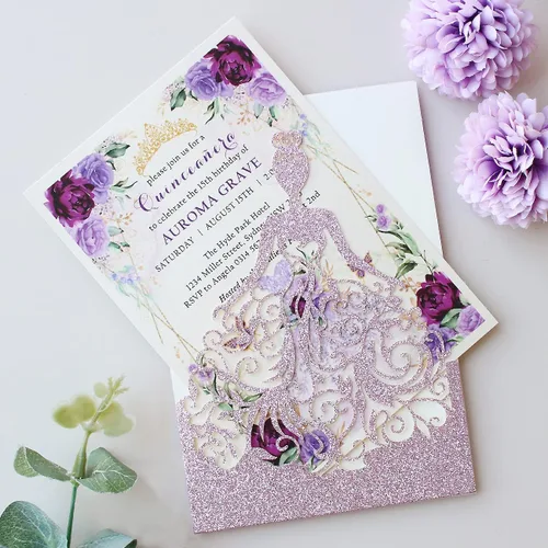 Miniatura 5 de 5.12 x 7.28 pulgadas, kit de 50 invitaciones de quinceañera con purpurina morada, cortadas con láser, huecas, de niña princesa, invitaciones