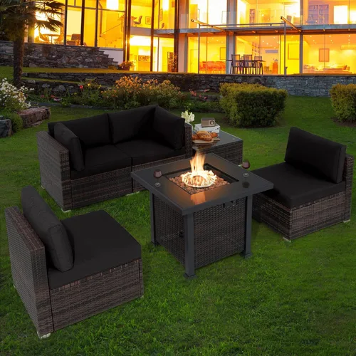 Miniatura 2 de Tangkula Juego de 6 piezas de mimbre para patio, juego de sofá de ratán para exteriores con mesa de fuego de propano de 32 pulgadas, calor de 50,000