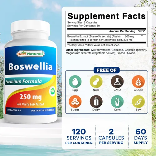 Miniatura 2 de Best Naturals Boswellia Serrata Joint Health 250 mg 120 cápsulas – estandarizado al 65% de ácido boswélico (120 unidades (paquete de 1))