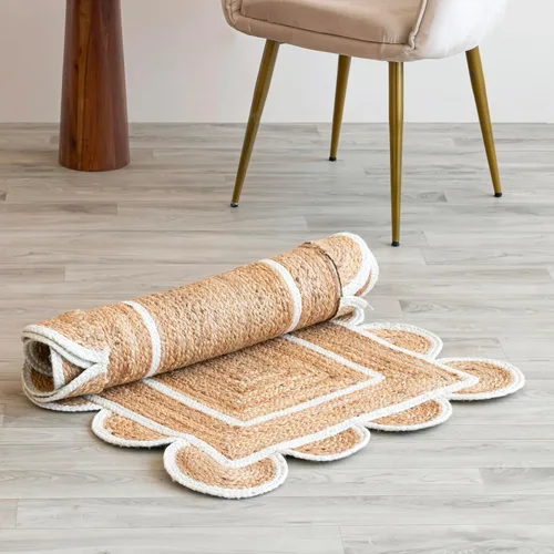 Miniatura 8 de Alfombra festoneada de yute natural, base natural, borde blanco hueso, 2 pies x 6 pies