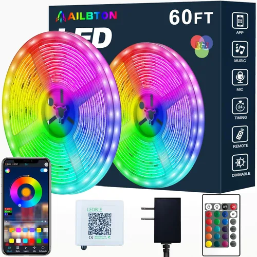 Tira de luces Led, tira de luz LED de 60 pies, sincronización de música, cambio de color, tira LED RGB con micrófono incorporado, control de