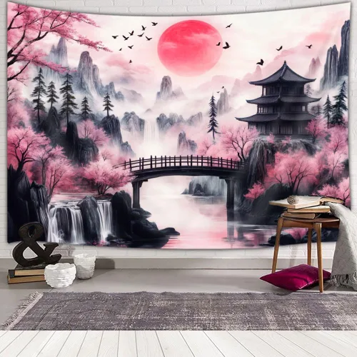 Miniatura 3 de Viajar Japanese Cherry Blossom Tapestry, Pink Sakura Landscape Wall Hanging with Red Moon Pagoda Bridge Waterfall, Asian Aesthetic Wall Decor for