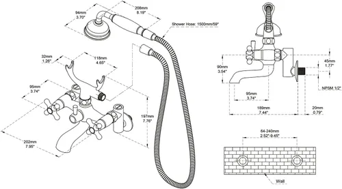 Miniatura 2 de Clawfoot - Grifo de bañera de montaje en pared, grifos de bañera de oro cepillado con ducha de mano, con forma de teléfono vintage, ajustable de 3 a