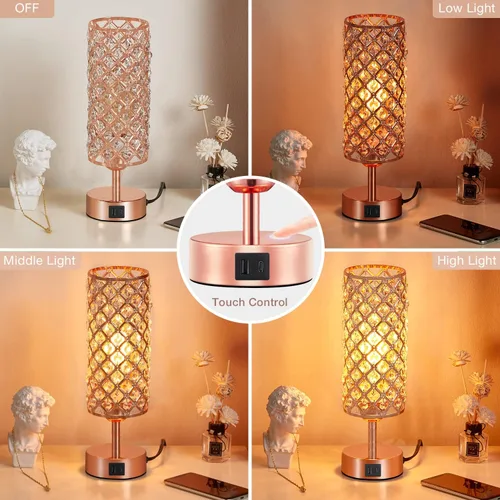 Miniatura 3 de Lámpara de mesa de cristal Hong-in - Control táctil regulable en 3 vías, lámpara de cabecera de oro rosa con puertos USB C y A, luz de mesita
