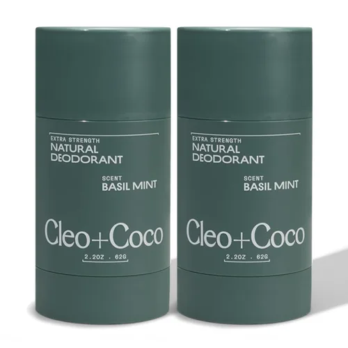 Cleo+Coco - Bálsamo desodorante extra fuerte, menta de albahaca (paquete de 2, 2.2 onzas cada uno), desodorante natural sin aluminio con 5