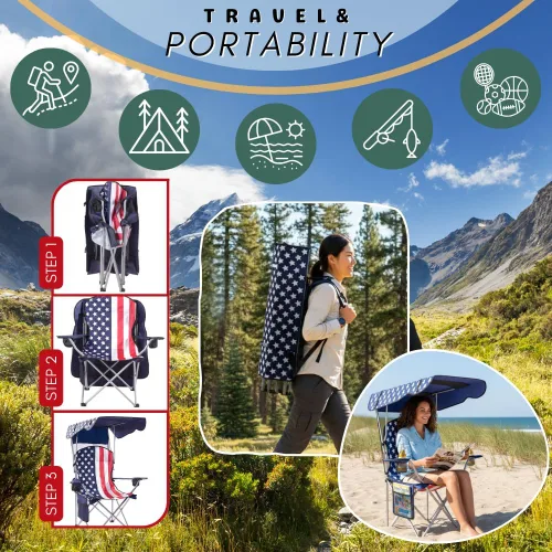 Miniatura 3 de Sillas de Camping Plegables Portátiles con Toldo de Sombra, Silla de Playa para Adultos, Tela Oxford 600D Duradera Resistente a la Intemperie, Silla