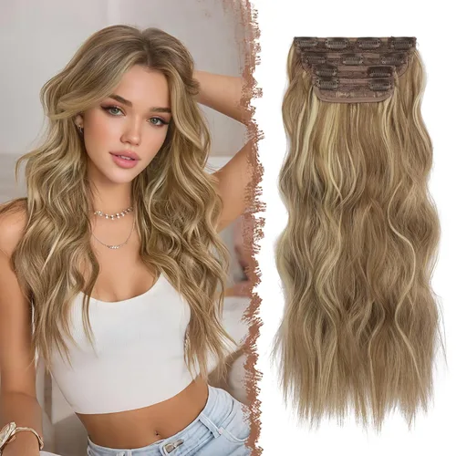 Miniatura 23 de FESHFEN Extensiones de cabello con clip - 4 piezas Extensiones de cabello sintético ondulado largo y grueso con clip para cabeza completa