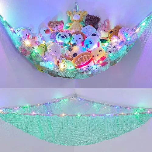 Miniatura 17 de Unicorn Castle Red de animales de peluche o hamaca organizador de almacenamiento de juguetes para niños con luz LED colgante en esquina soporte
