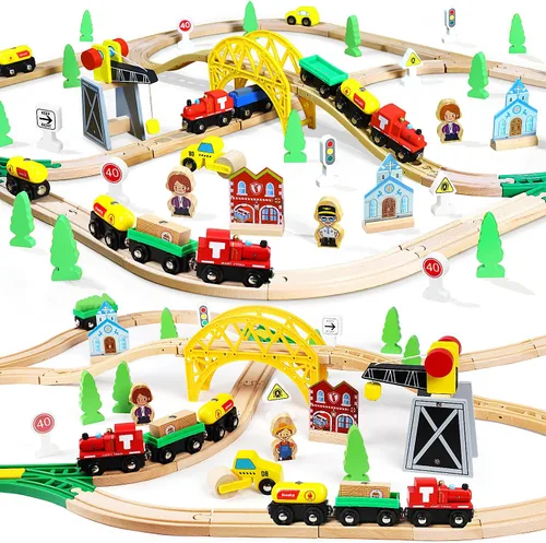 TOY Life Juego de tren de madera, 60 piezas con grúa magnética, juguetes de madera para niños y niñas de 3, 4, 5, 3 años, juguetes de madera para
