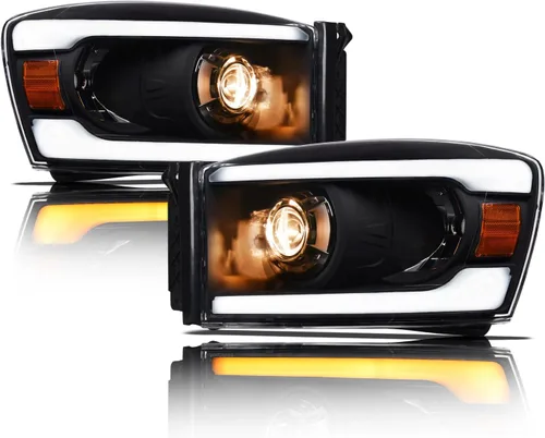 Alpha Owls 8711538 Faros Delanteros de Proyector con Barra LED Secuencial Switchback y Luz de Arranque - Negro Ámbar Compatible con 2006-2008 Dodge
