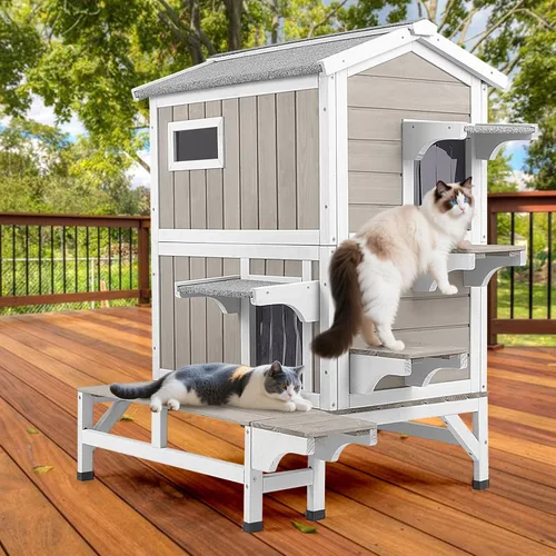 Miniatura 10 de PetsCosset Casa Aislada para Gatos de Exterior Resistente a la Intemperie con Balcón, Aislamiento Integral, Refugio de Madera para Gatos Ferales