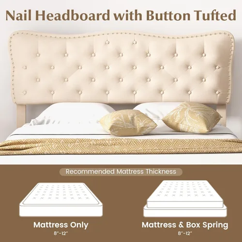 Miniatura 8 de Giantex Base de cama tamaño Queen color beige, plataforma tapizada de tela de lino con cabecera de clavos, base de colchón con botones y listones