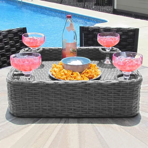 Miniatura 10 de SUNJOY Bandeja flotante de mimbre de 36 x 24 pulgadas. Accesorio de piscina con marco de aluminio, bandeja flotante para servir bebidas, aperitivos