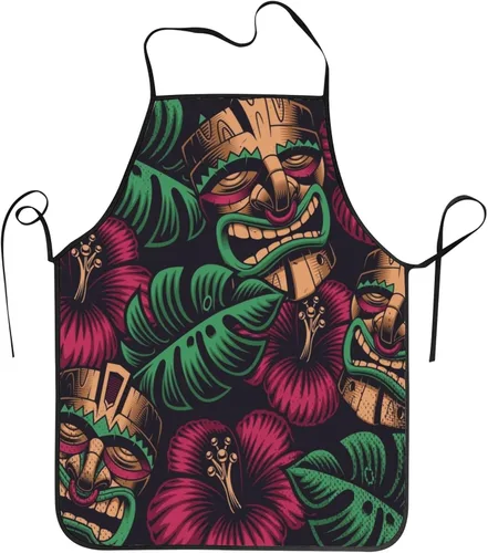 Tiki - Delantales impermeables para chef, delantales para mujeres, hombres, cocina, cocina, hornear, jardinería, barbacoa, Tiki Máscaras y Flores