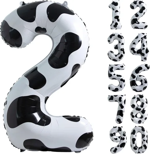 Miniatura 6 de Suministros de decoración de cumpleaños de globos con estampado de vaca, globo número 0 de 40 pulgadas, decoraciones de fiesta de cumpleaños