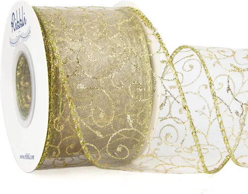 Miniatura 6 de Ribbli - Cinta con alambre y brillantes remolinos, cinta transparente de organza burdeos con patrón de remolino de brillantes dorados y borde