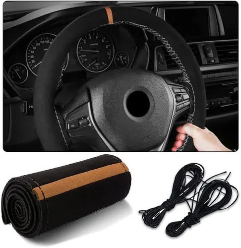 Miniatura 8 de AUCELI Funda para volante de automóvil, 38 cm de cuero genuino duradero con costura envolvente para hombres y mujeres, protector de volante