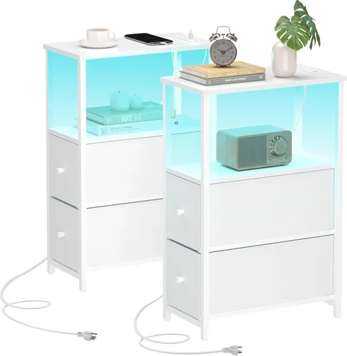 Miniatura 24 de TUTOTAK Mesa auxiliar pequeña y estrecha con LED y estación de carga, mesa lateral con tomas de corriente, mesita de noche con 2 cajones de tela