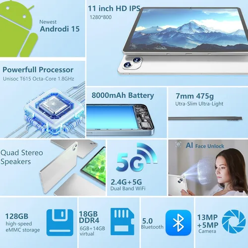 Miniatura 3 de NRKDUBQ Tablet Android 15 de 11 pulgadas 128GB con ranura para tarjeta SIM, teclado de 20 GB de RAM, tableta celular 4G LTE T-moblie Phablet