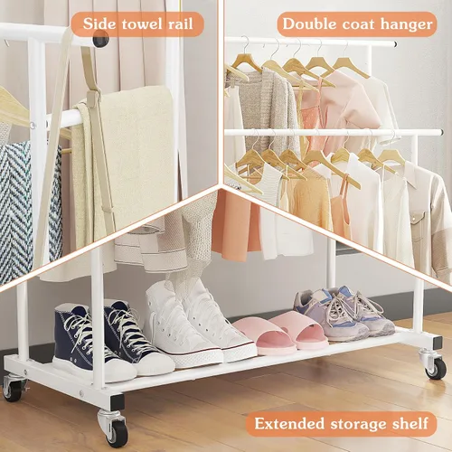 Miniatura 7 de Calmootey Perchero de Ropa de Doble Barra, Perchero Colgante Rodante, Organizador de Ropa Portátil para Dormitorio, Sala de Estar, Tienda de Ropa
