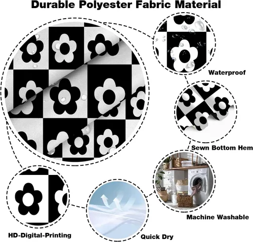 Miniatura 5 de Retro Flower Checkered Shower Curtain Black White Vintage Floral Plaid Fabric Shower Curtians 72x72Inch Washable Groovy Aesthetic Modern Hippie Boho